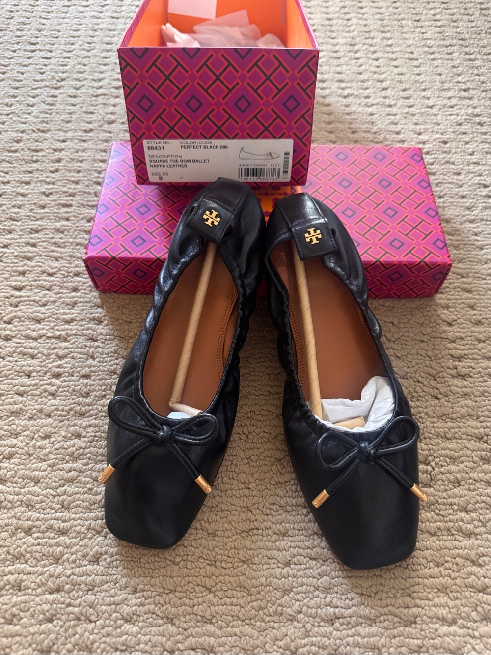 Tory Burch Square Toe Ballet Nappa Leather Black Bow Flats with Gold Logo Accent